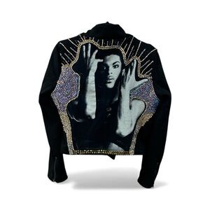 Chocolate Black Suede Jacket with customized embellishment and Prince image